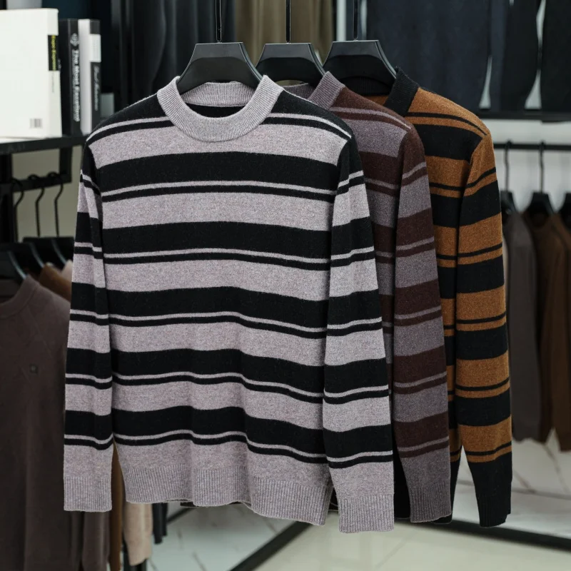 Wool100% Men's Autumn Winter Sweater Round Neck Stripe 12 Stitches Keep Warm Long Sleeves Sweater Fashion Versatile Man Clothes