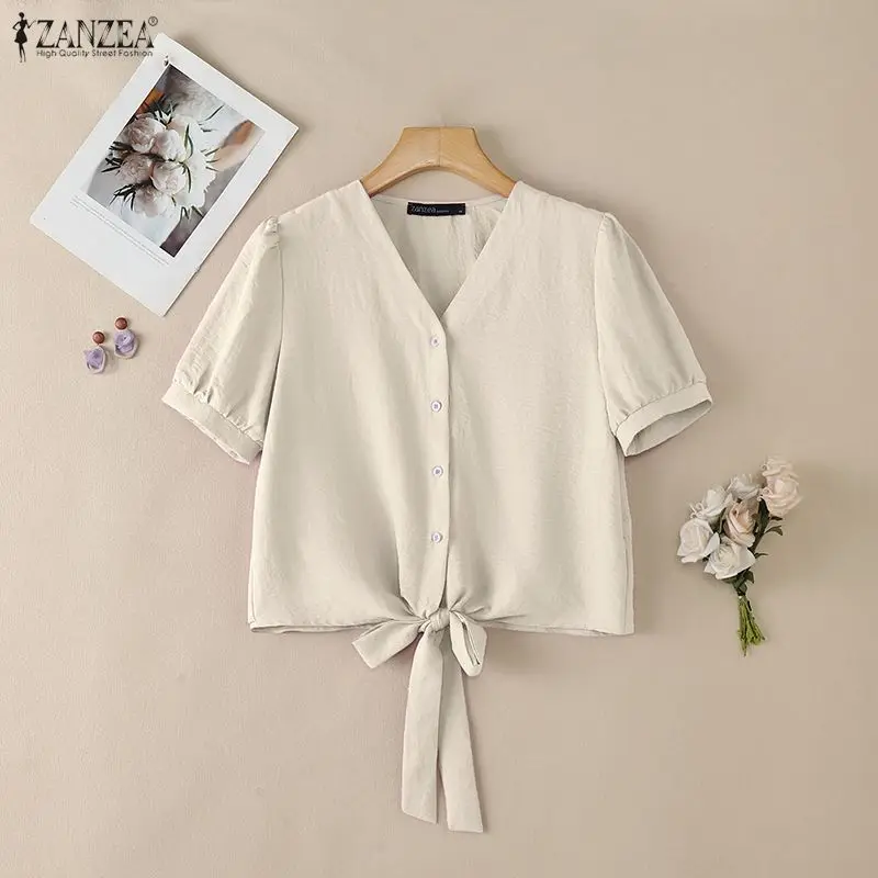 Elegant Woman Tied-Hem Shirts V-Neck Short Puff Sleeve Solid Color Button Up Tops ZANZEA Summer 2026 Casual Chic Chemises Femme