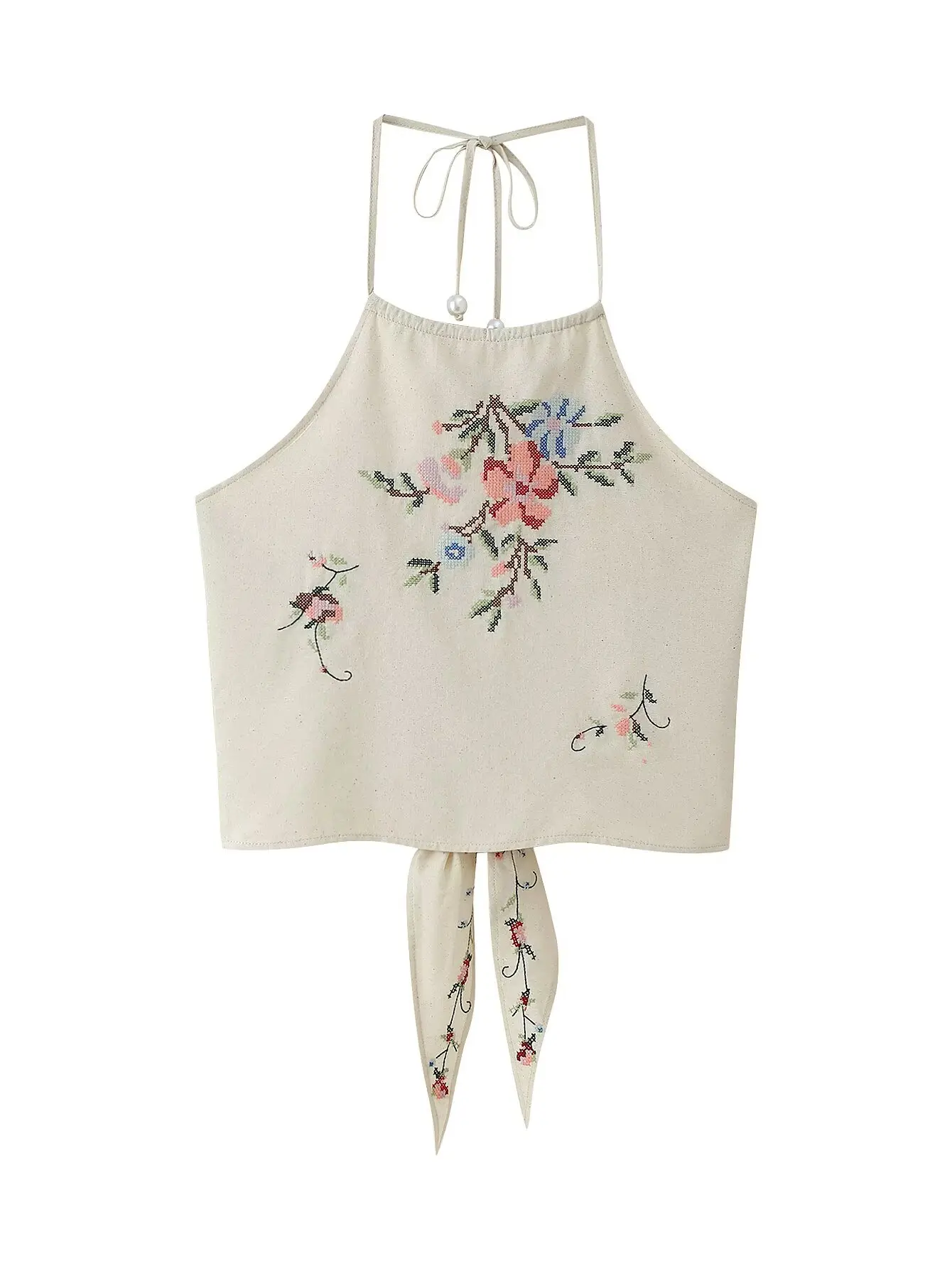 

2025 New Summer Collection Women's Fashion Casual Versatile Vintage Halter Neck Floral Embroidered Top with Back Tie