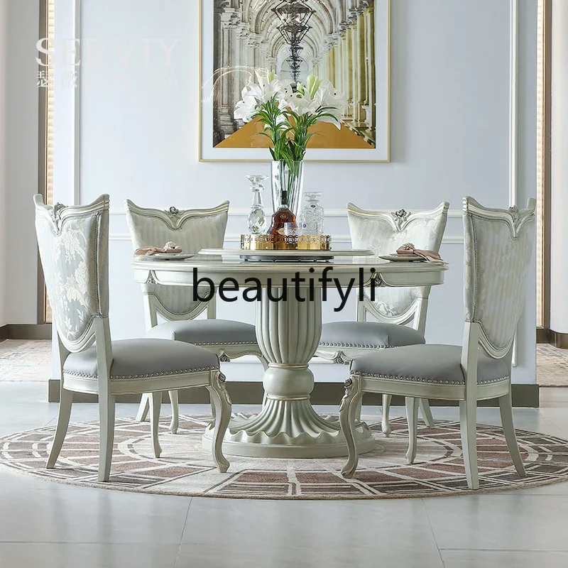 

A26 French light luxury solid wood turntable round dining table European court luxury villa large flat dining table and chairs