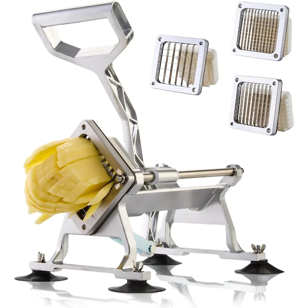 

Stainless Steel French Fry Cutter with 3 Blade Sizes for Potatoes, Carrots, Cucumbers - Heavy Duty Manual Chopper