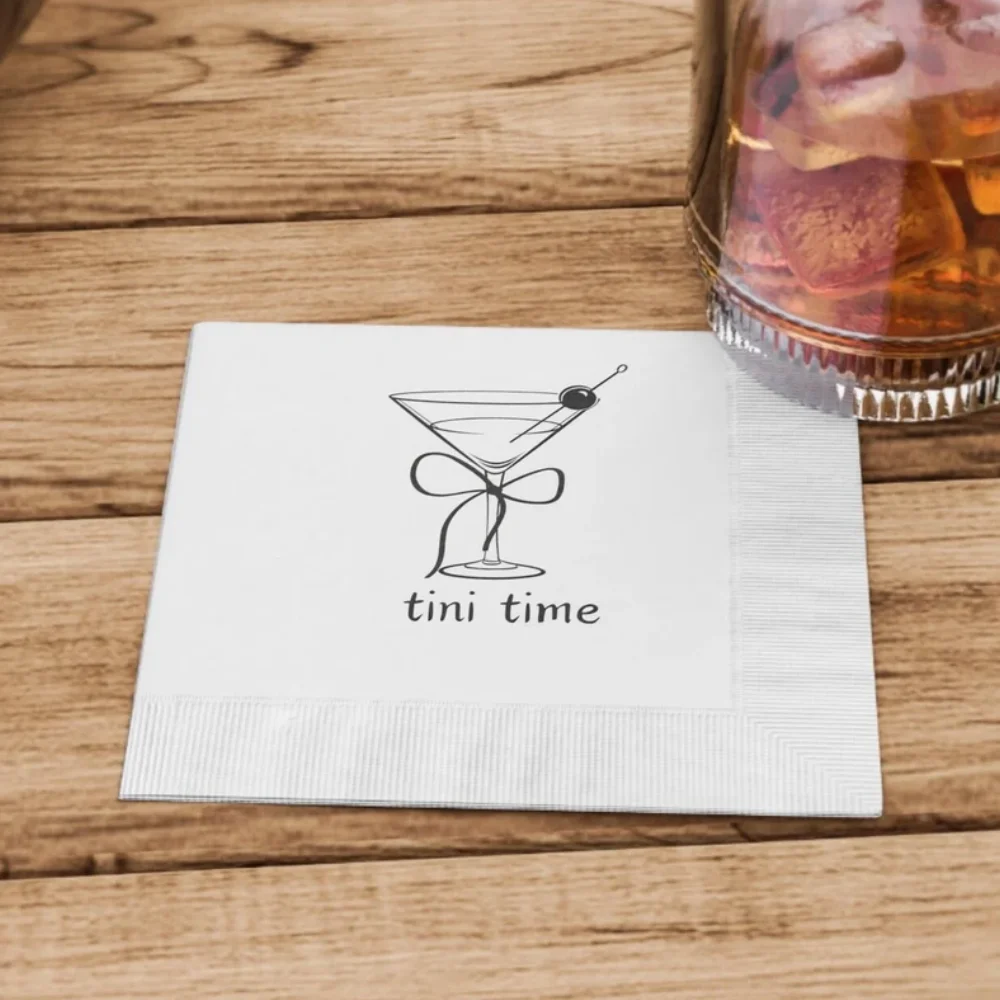 50Pcs Personalized Tini Time Wedding Cocktail Napkins | Paper Coined Napkins | Party, Bridal Shower, Birthday Gold Foil Napkins