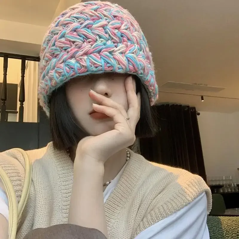 

Color Twist Rough Knitted Wool Hat Women's Autumn and Winter Warm Bag Head Bucket Hat Japanese Big Head Circumference Hat