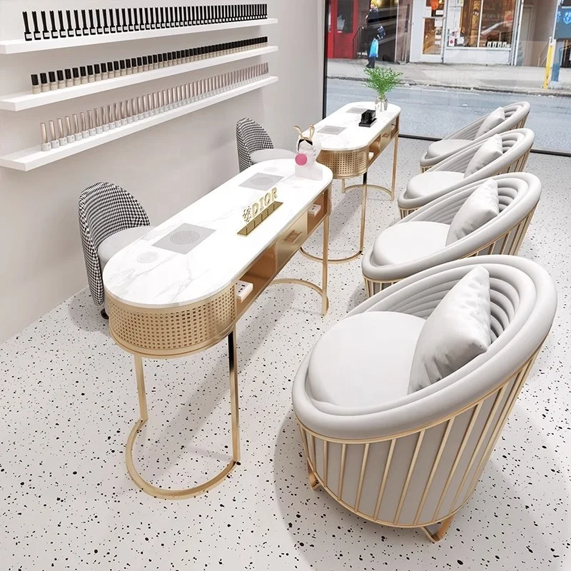 

Hot sale nail salon furniture double nail table desk luxury modern beauty shop gold manicure table with dust collector