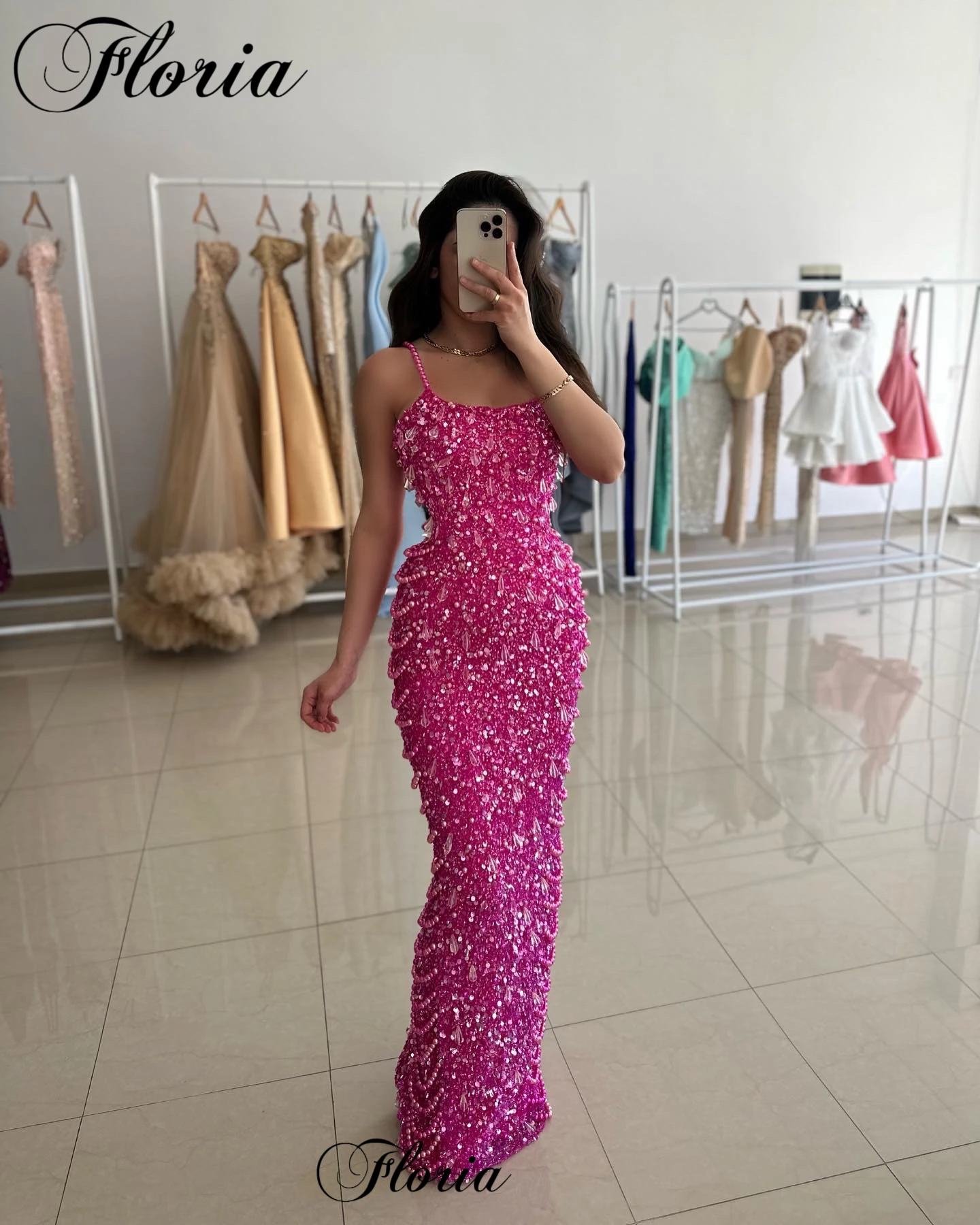 Luxury Fuchsia Prom Dresses With Crystals Spaghetti Summer Beach Evening Party Dresses Pearls Birthday Dresses Vestidos De Noche