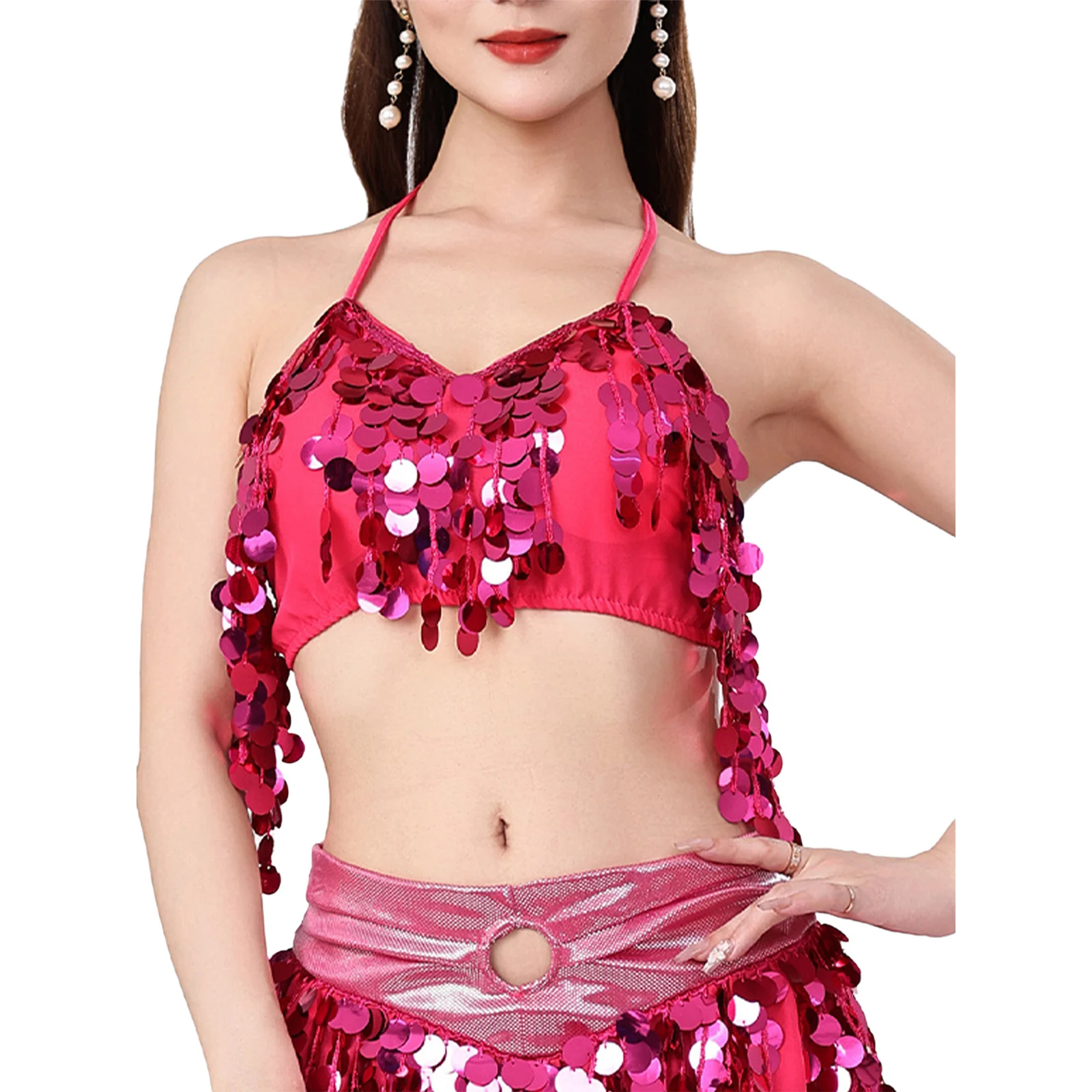 

Women Belly Dance Crop Tops Sequin Tassel Halter Chest Pads Lace-up Crop Top Camisole Belly Dancing Class Stage Dance Costume