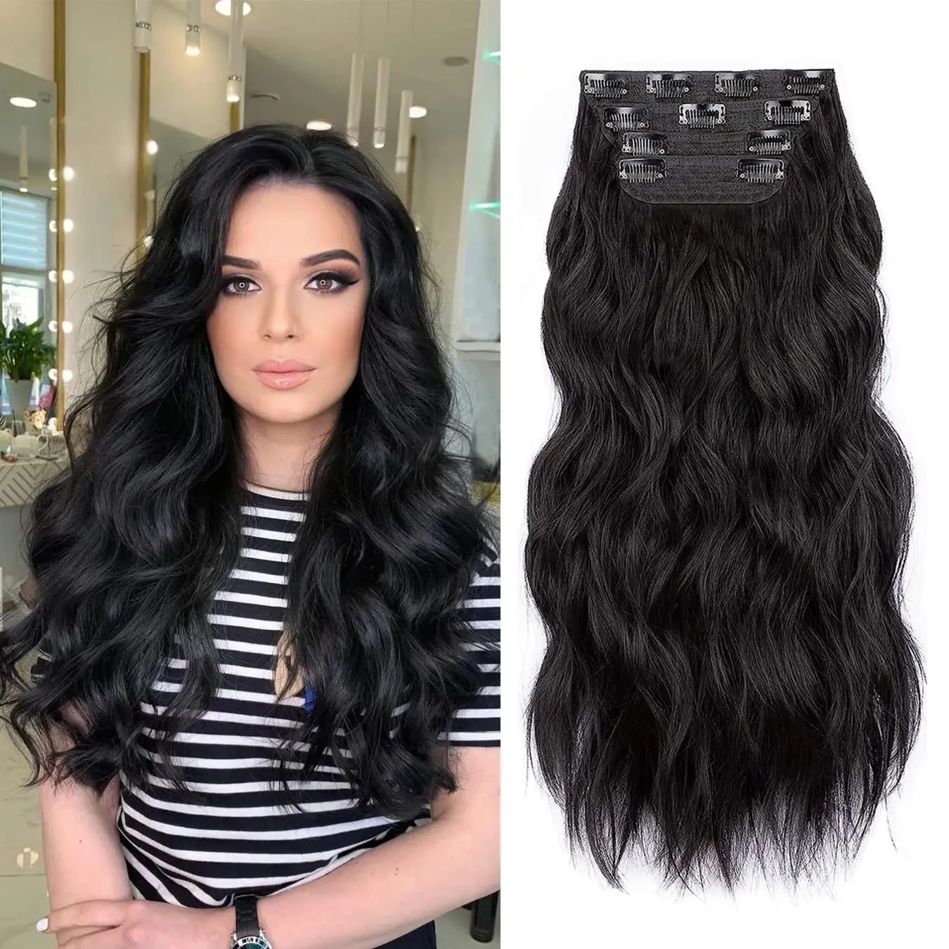 

Black Hair Extensions, 20 Inches Soft Synthetic Curly Hair Extensions Clip ins