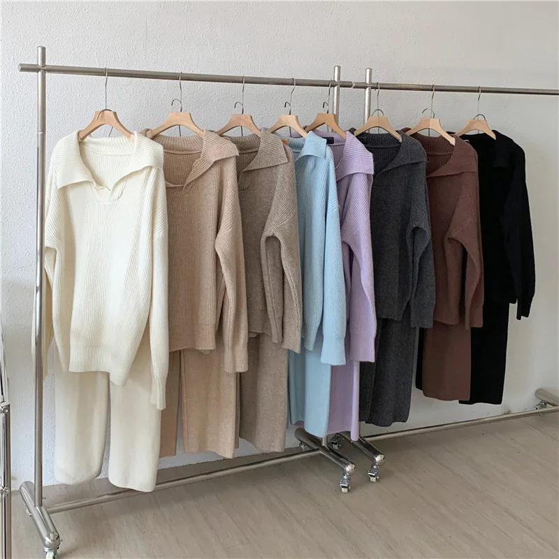 

New Suit Women Loose Lapel Sweater Temperament Casual Wide-leg Pants Knitted Pure Two-piece Suit