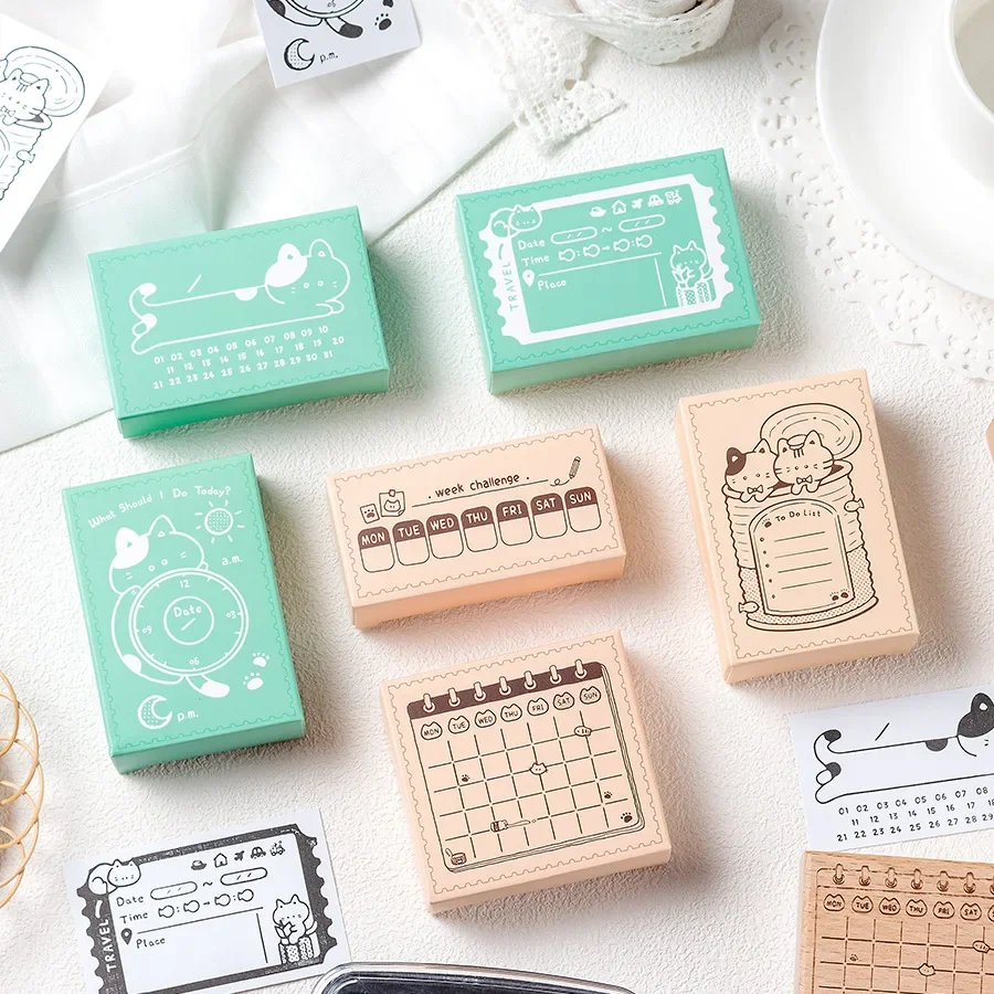 Caja de notas para gatos, sello de cuenta de mano de madera, Plan de horario Retro para gatos, sello de madera de haya, sello de notas diario, sello surtido de fecha escolar
