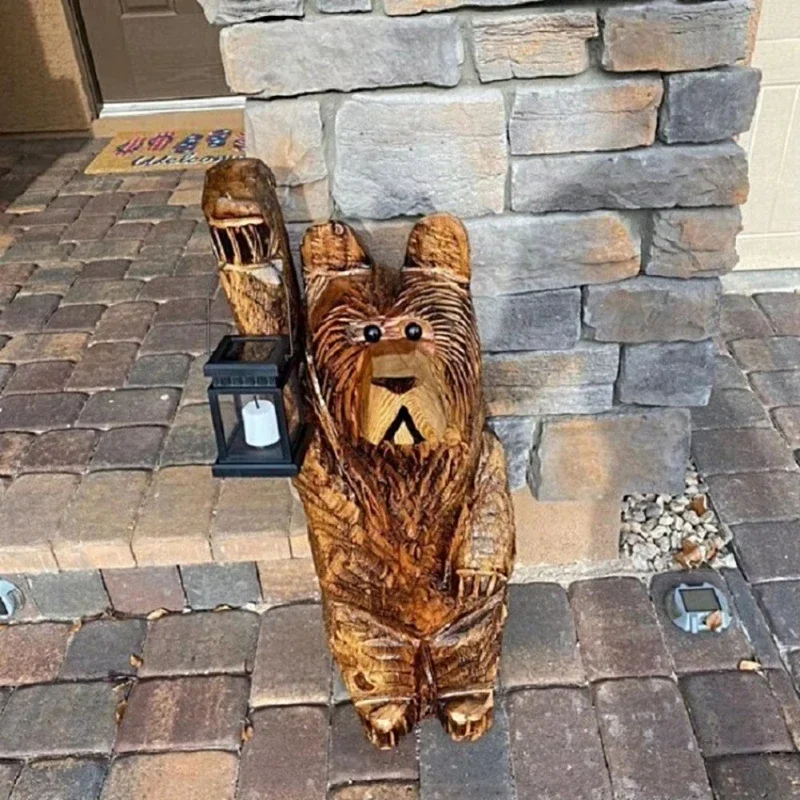 

Cedar Carved Bear With Solar Lantern Cartoon Bear With Light Garden Statue Vertical Led Home Bear Lamp Wood Carving