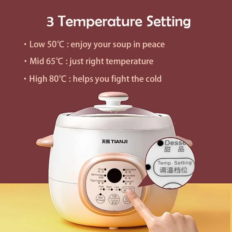 Panela Elétrica Cerâmica Branca, Sopa e Fogão de Mingau, Fogões Lentos com Tampa, 1L, Branco