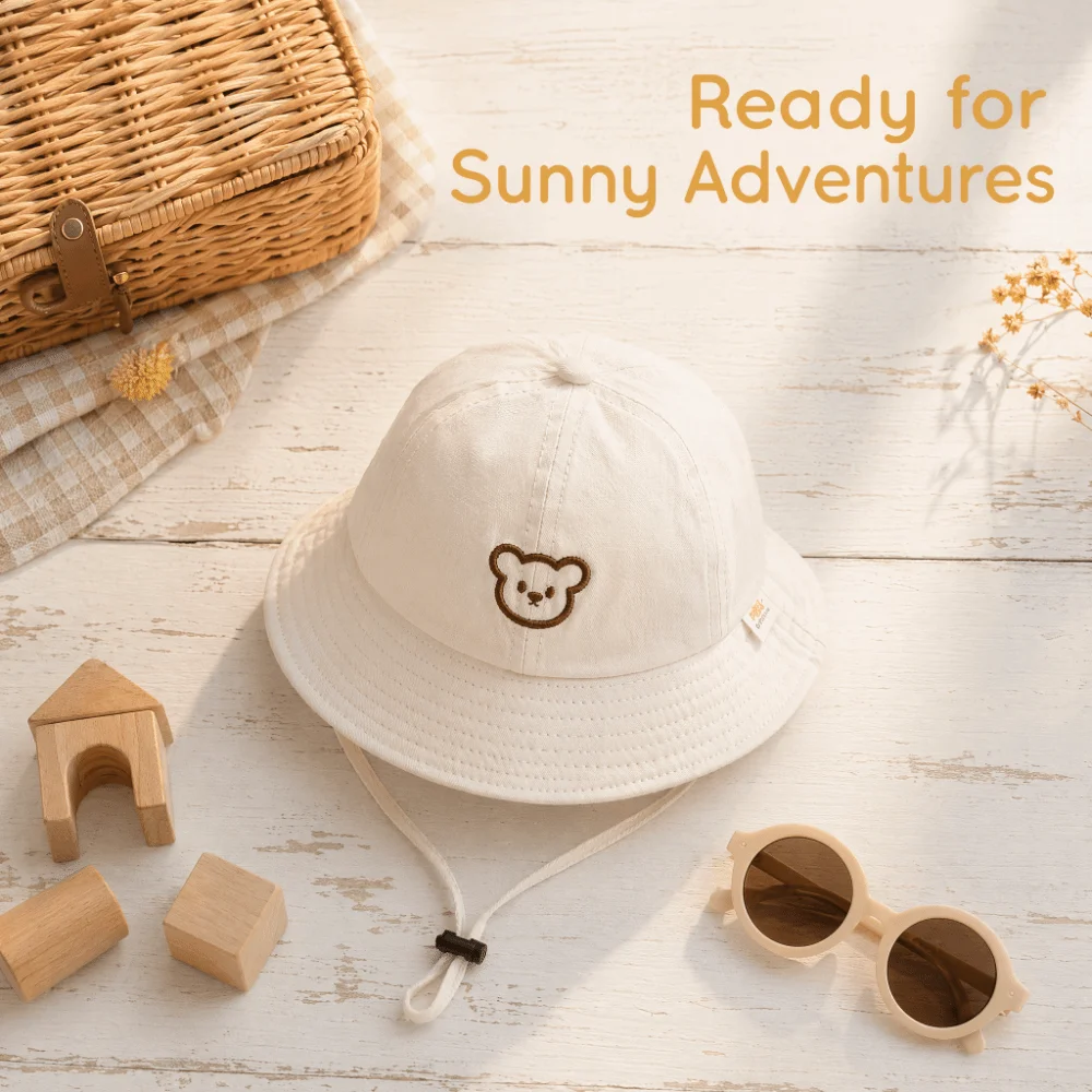Unisex Sunscreen Bucket Hat Bear Printed 1-4Y Sun Hat Pure Cotton Infant Cap Hat Panama Sun Hat Summer