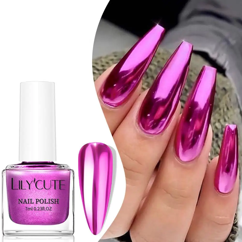 LILYCUTE 7ml Super Bright Mirror Metallic Nail Polish No Need of LED Lamp Quick Air Dry Long Lasting Nail Polish Mirror Effect