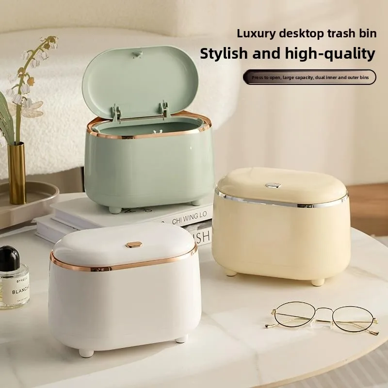 

Thickened Luxury Desktop Trash Can Press Cover Cute Home Use Double Bucket Paper Basket Living Room Decorative Waste Bin