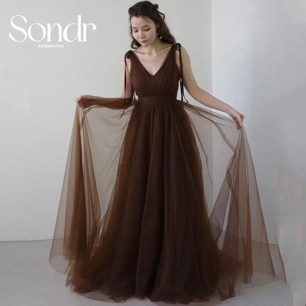 

Sondr Japanese Wedding Party Dresses Women V-Neck Sleeveless Brown Long Prom Dresses Customized Evening Dresses Party Gown