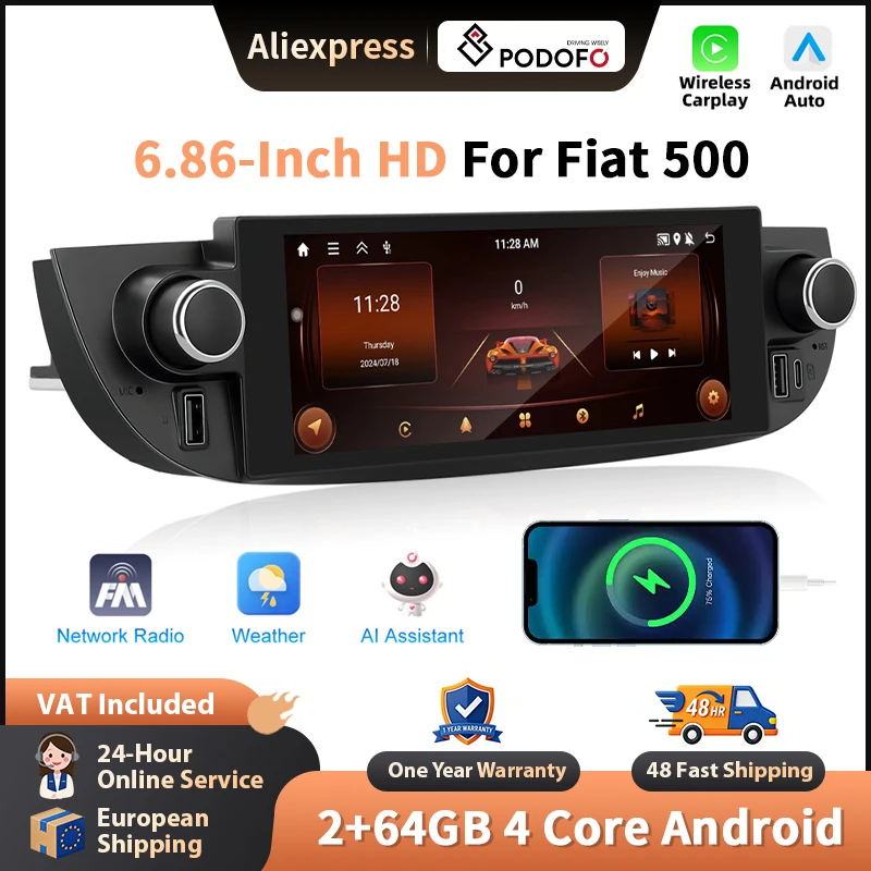 Podofo 6,68 Zoll Wireless Carplay Android Auto Radio für Fiat 500, intelligente Fahrzeugsysteme, GPS-Navigation, BT, FM/RDS, 2-DIN-Autoradio, Head Unit, SWC, intelligente Fahrzeugsysteme,