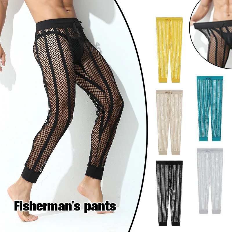Men Mesh Sheer Pants Summer Casual Breathable Lace-Up Pajama Pants Wide Hollow Out Mesh Sexy Sports Pants