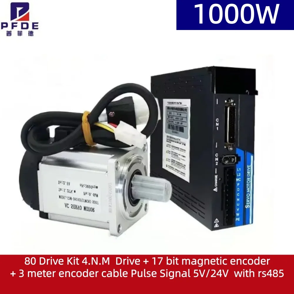 1KW AC Servomotor 80 Drive Kit 4.N.M  Drive + 17 bit magnetic encoder + 3 meter encoder cable Pulse Signal 5V/24V  with rs485