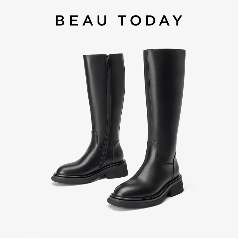 

BEAUTODAY Long Boots Women Calfskin Leather Round Toe Solid Color Sewing Zipper Retro Laides Shoes Handmade 01286