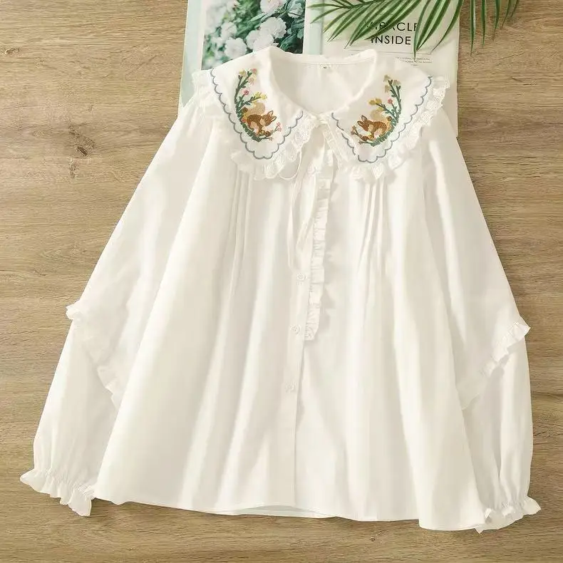 2026 Japanese Kawaii Lolita Lace Patchwork Blouses Women 100% Cotton Cartoon Embroidered Shirts Spring Girl Bow Tops