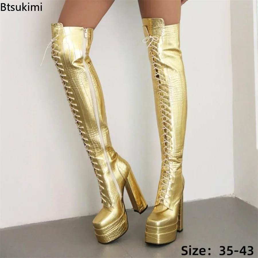 Double-Layer Platform Over-The-Knee Boots Square Toe Thick Heel Side Zipper Winter Boots Sexy Nightclub Stage Women's Boots 43
