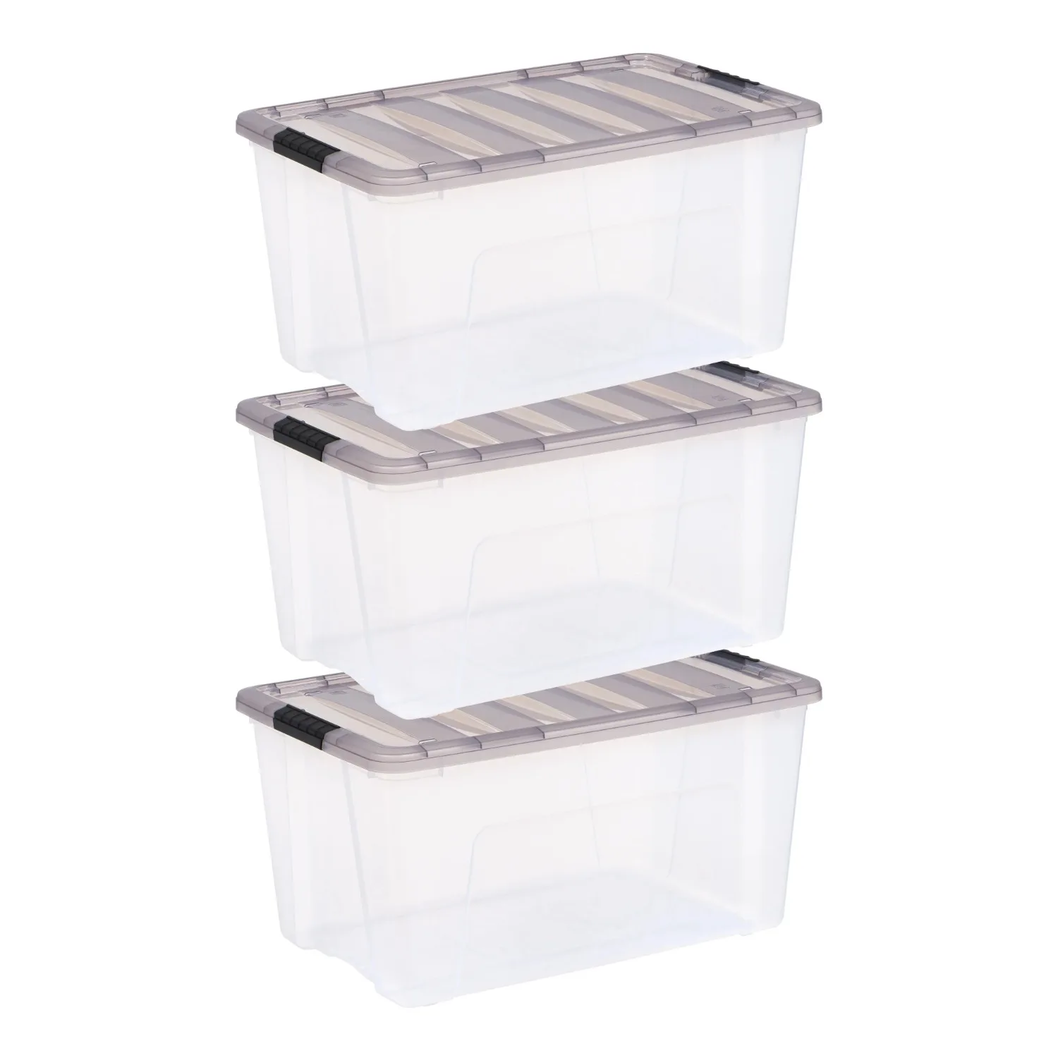 IRIS USA, 72 Qt. (18 Gal.) Clear Latch Box, Stackable Plastic Storage Bins with Lids, Set of 3