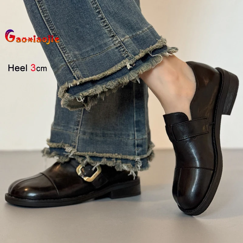

2026 Fashion New Spring Autumn Black Women's Shoes Round Toe Thick Heels 3.5cm Belt Buckle Ladies Pumps Casual Shoes Size 35-40
