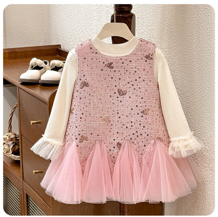 New Baby Girls Winter Boutique Fashion  Sets  Top +   Pink Vest  Dress  Princess Fashion Suits  2-7T