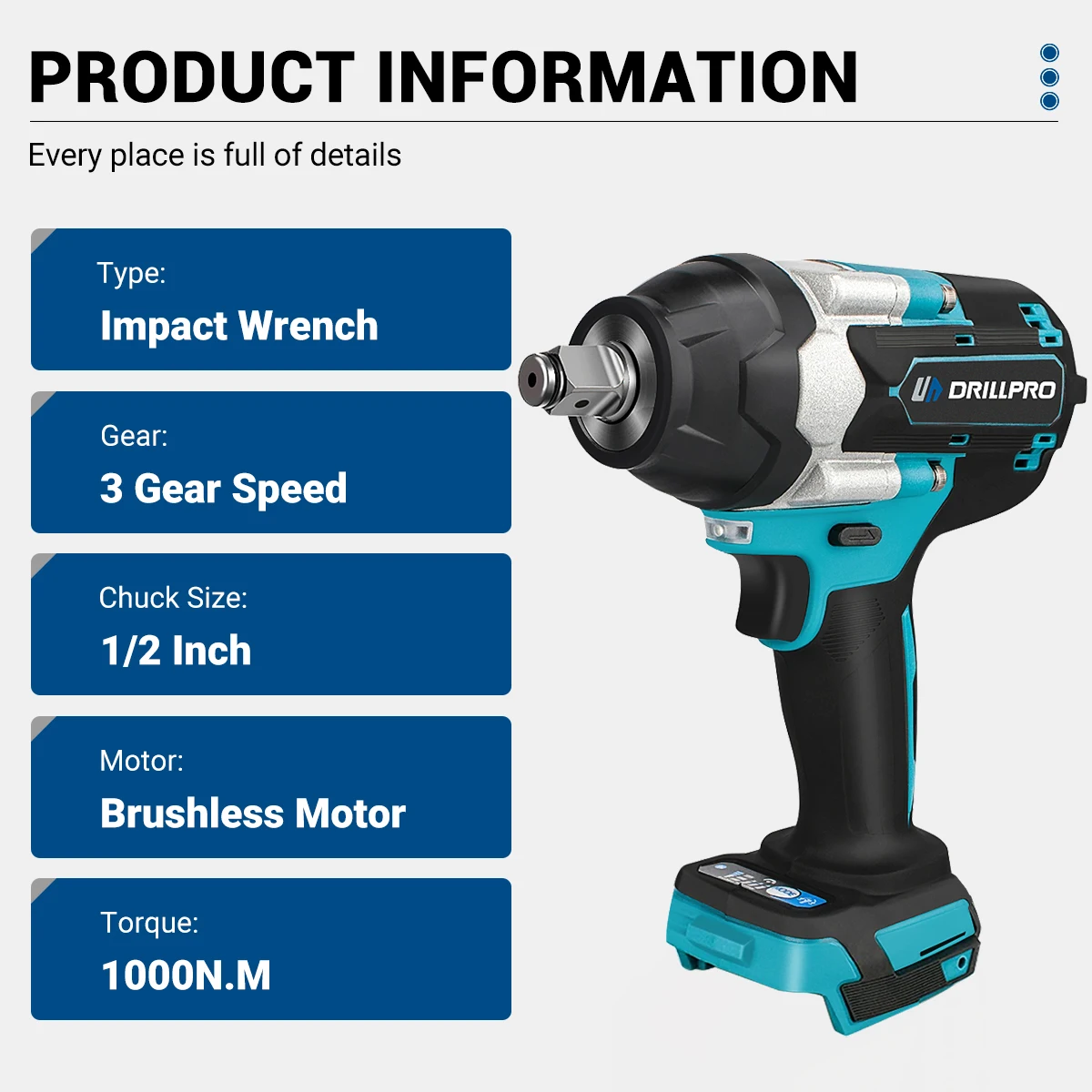 Бесщеточный электрический ударный гайковерт Drillpro 1000N.M 1/2 дюйма с 3-скоростным аккумуляторным ключом Автомобильные электроинструменты для аккумулятора Mak