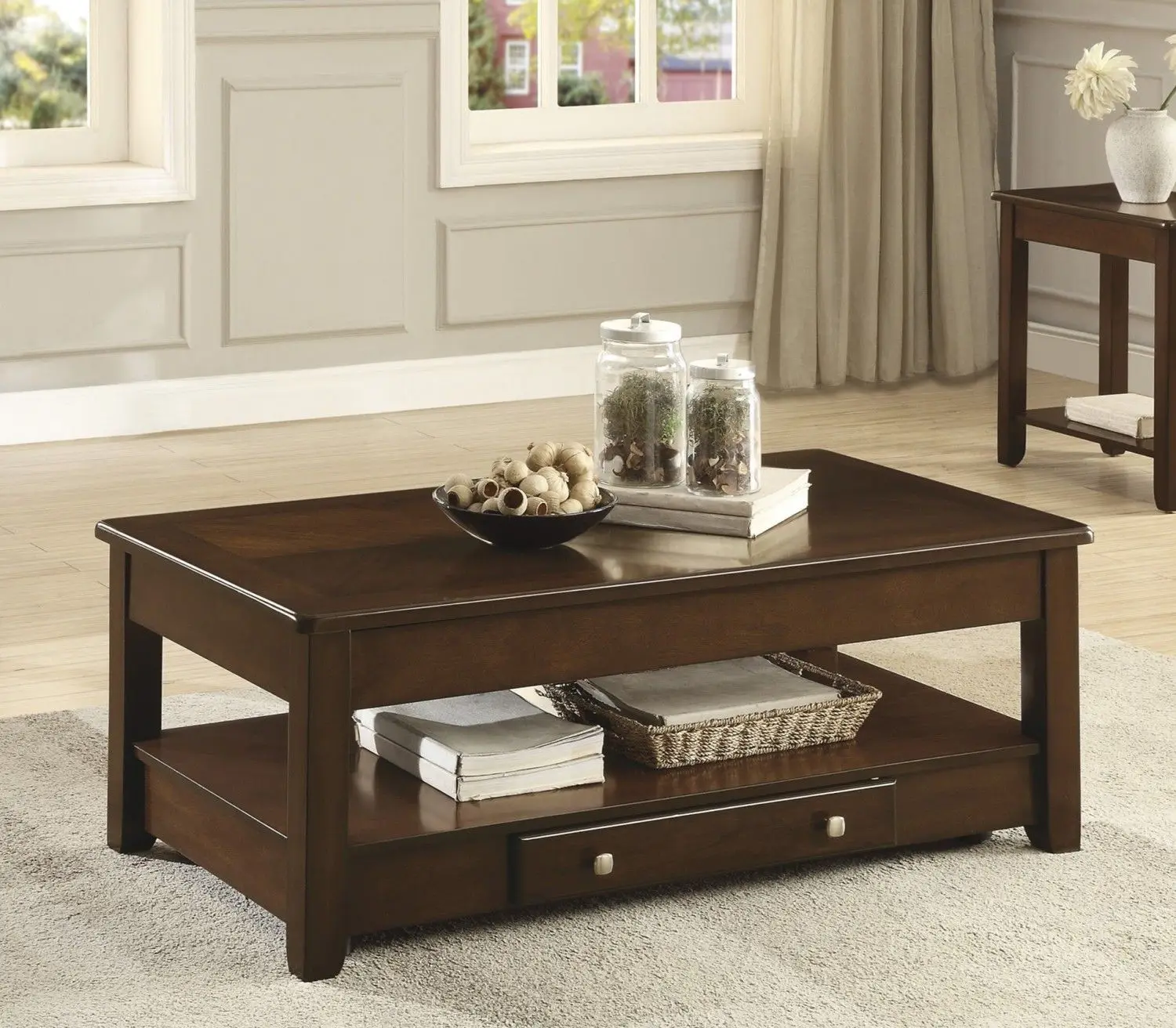 

Contemporary Lift Top Cocktail Table with Drawer and Shelf Dark Cherry Finish Wooden Furniture 1pc