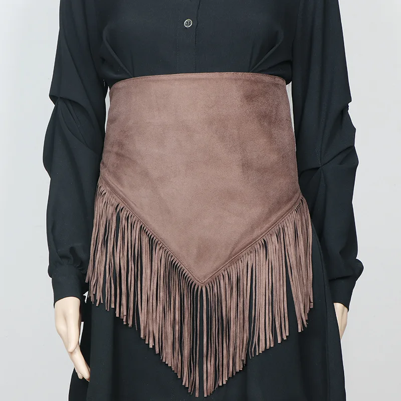 Super Wide Irregular Wide Waistbands Corset Vintage Suede Fabric Tassel Waist Belts High Street  Self-tie Cinturones Para Hombre