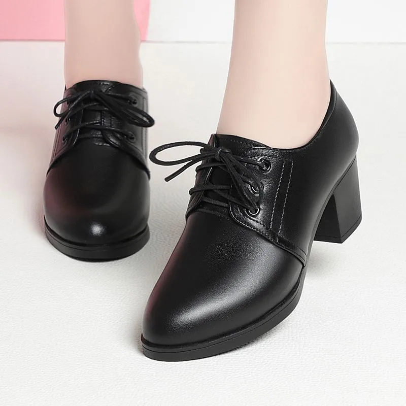 Damen Oxford Schuhe Schwarz Britischer Stil Blockabsatz Pumps für Büro Arbeit Elegant Geschnürt Kunstleder Spitz Zulaufend Formelle Halbschuhe Damenschuhe High Heels Business Mode Frühjahr Sommer – Detail 1