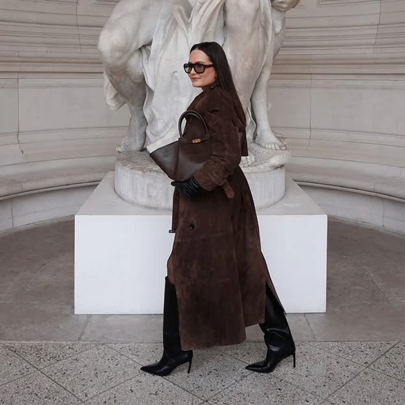 

Винтажные замшевые длинные куртки, женские свободные двубортные куртки с лацканами, пальто, женские пальто 2021, осенне-зимняя модная однотонная толстая верхняя одежда