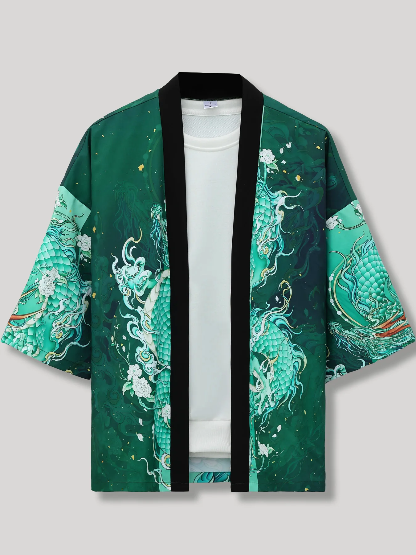 Men's Green Dragon Print Seven-Quarter Sleeve Kimono Cardigan Spring Fall Chinese Style Loose Robe