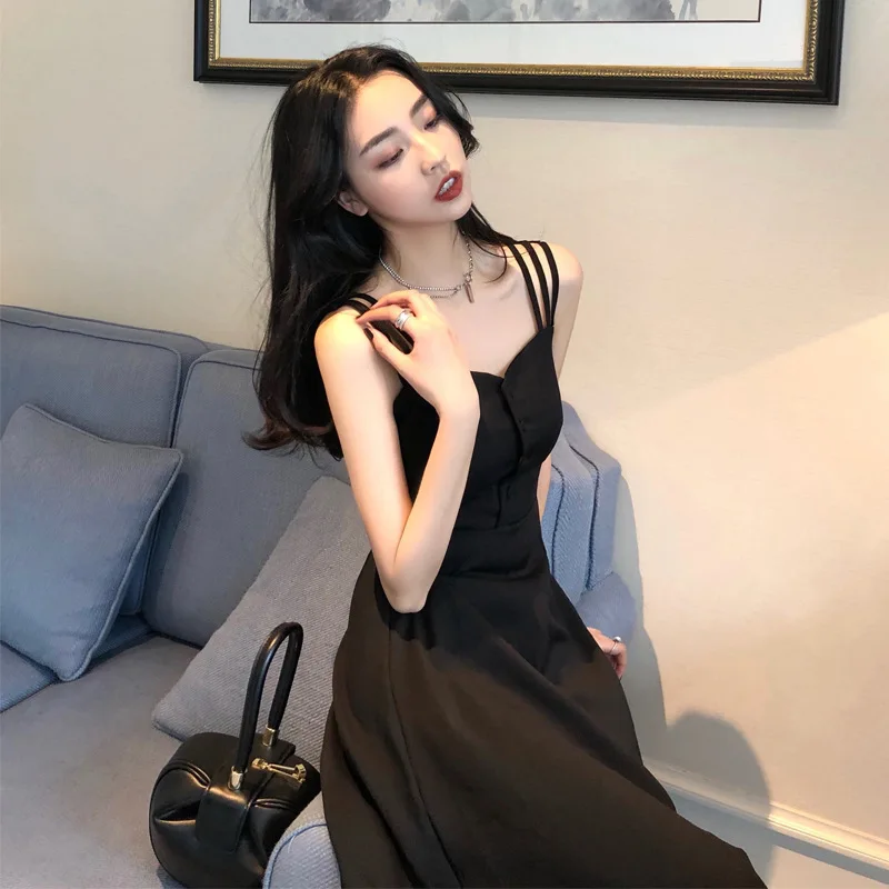 

Летнее женское платье-слинг 2026 года, новое, черное, в стиле французского чаепития, ретро, миди, выше колена, с завязками на талии