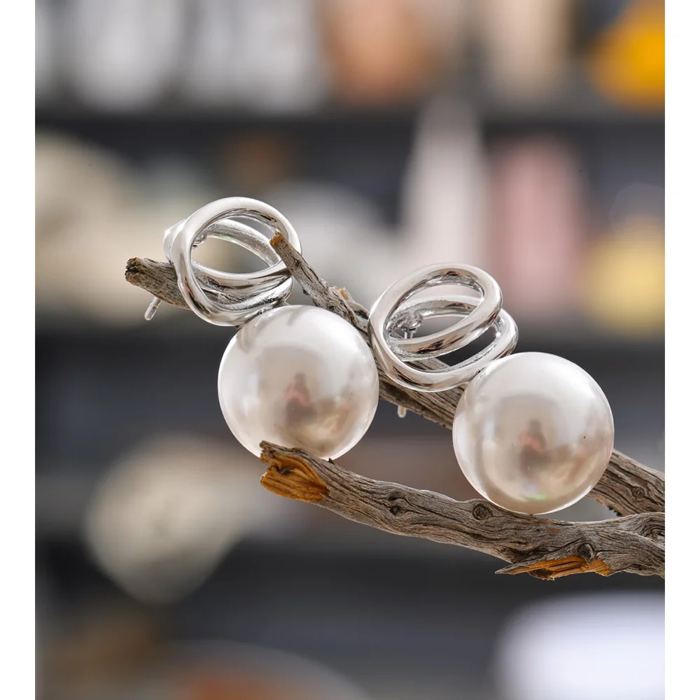 Yhpup New Arrivals Simulated Pearls Round Geometric Stud Earrings Rust Proof Metal Stainless Steel Korean Fashion Daily Jewelry