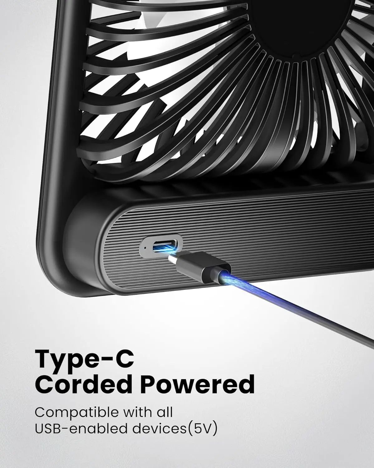 USB Desk Fan, 3-Speed Adjustable, Ultra Quiet, 180° Foldable, USB-C Powered Mini Fan for Office or Bedroom