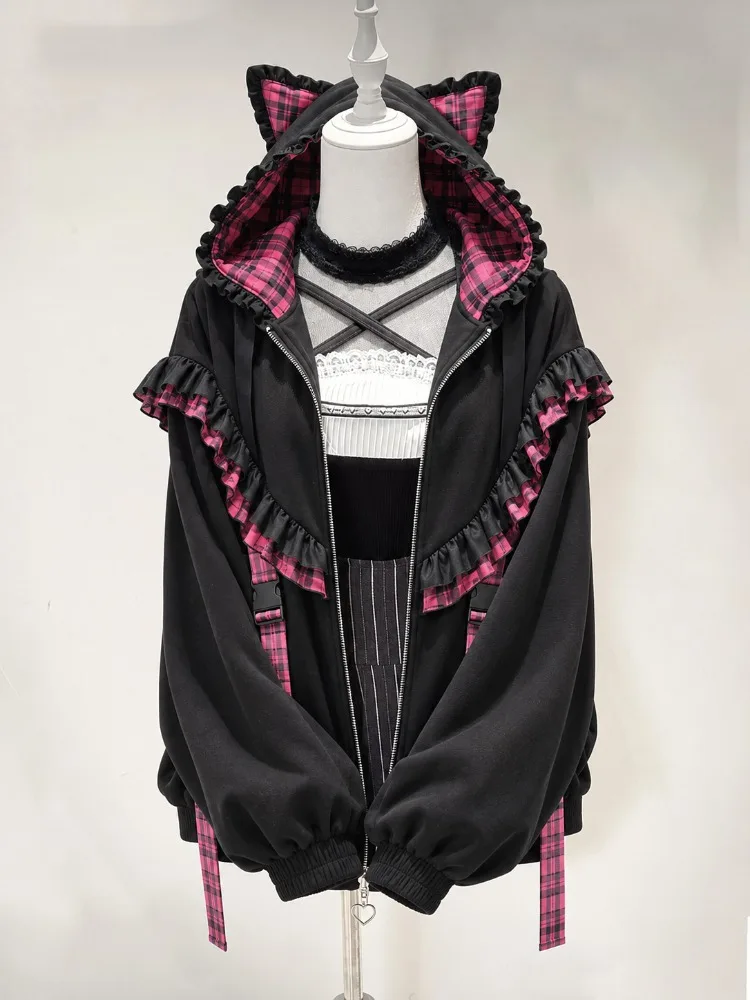 2026 New Harajuku Sweet Street Style Women Zip‑Up Hooded Coat Bunny Ear Hood Lace Bow Lacing Detail Casual Daily Jacket Fashion