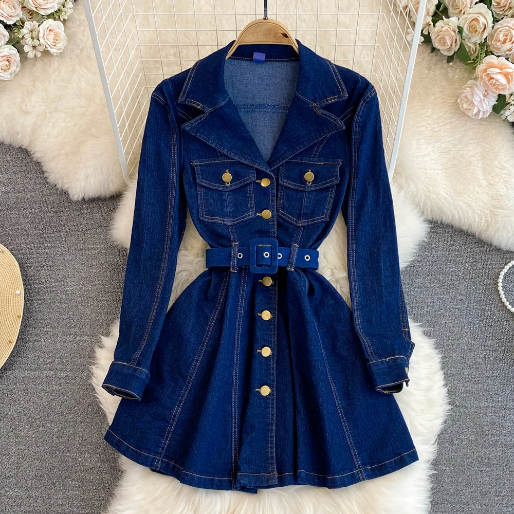 2023 Autumn Winter Retro Premium Style Long Sleeved Suit Collar Double Breasted Waist Shrinking A-line Denim Dress