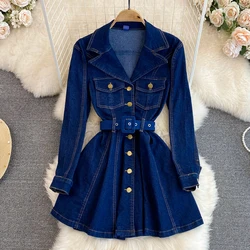 2023 Autumn Winter Retro Premium Style Long Sleeved Suit Collar Double Breasted Waist Shrinking A-line Denim Dress