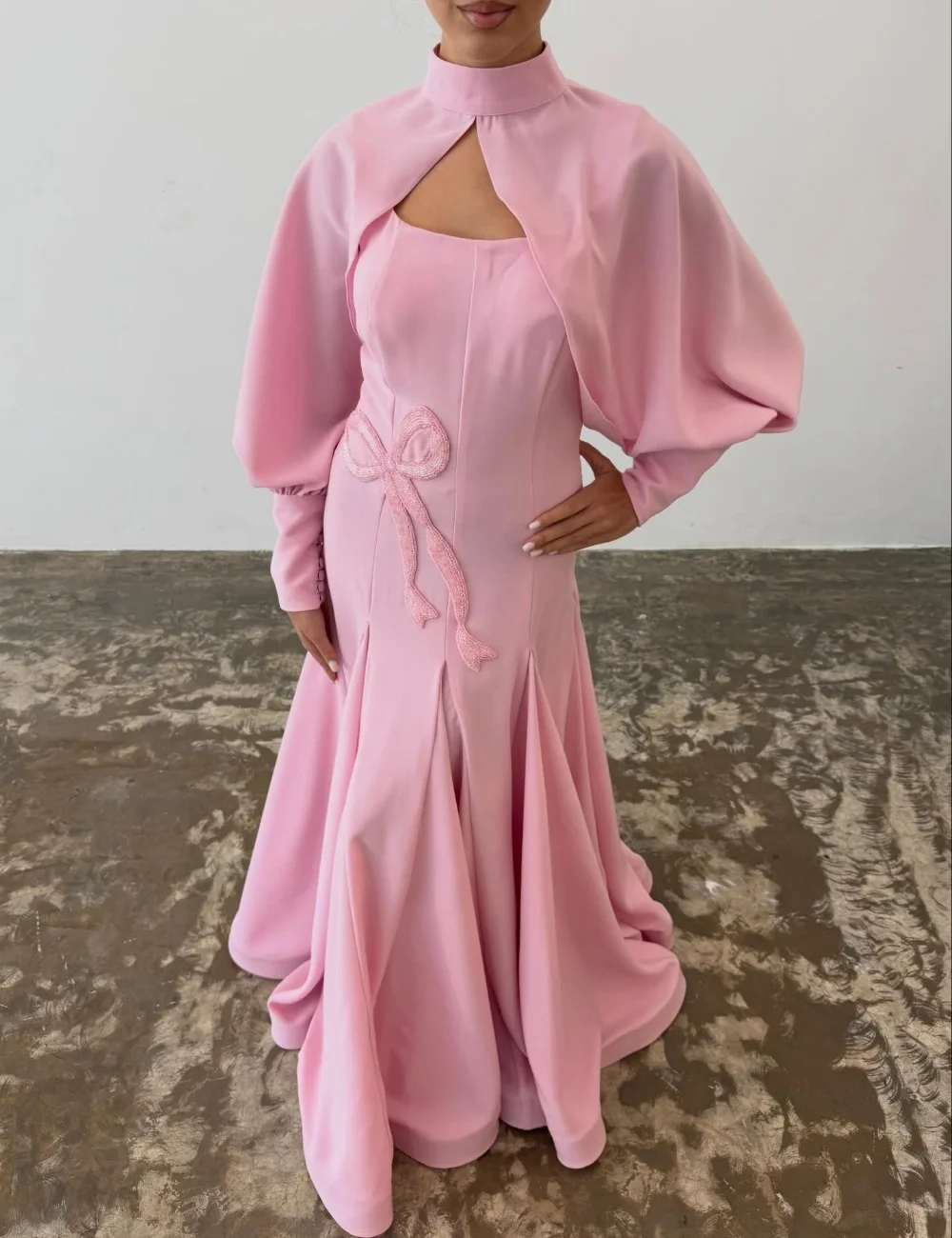 Customized Fashion Jersey Pleat Pattern Mermaid High Collar Long Bespoke Occasion Prom Dresses Chinese Style