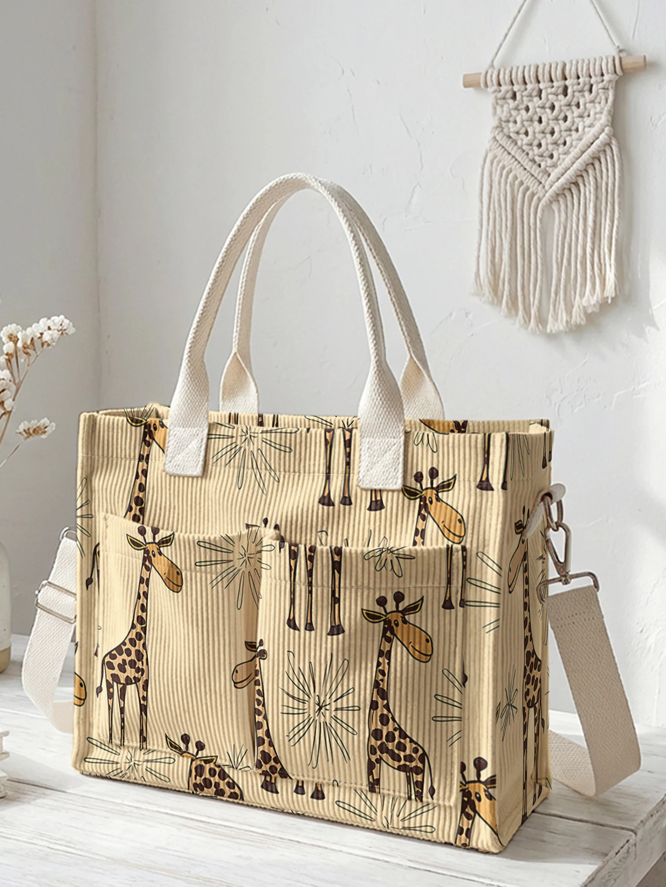 

Симпатичная сумка-тоут из вельвета с принтом жирафа, большая вместительная сумка через плечо с несколькими карманами для любителей животных