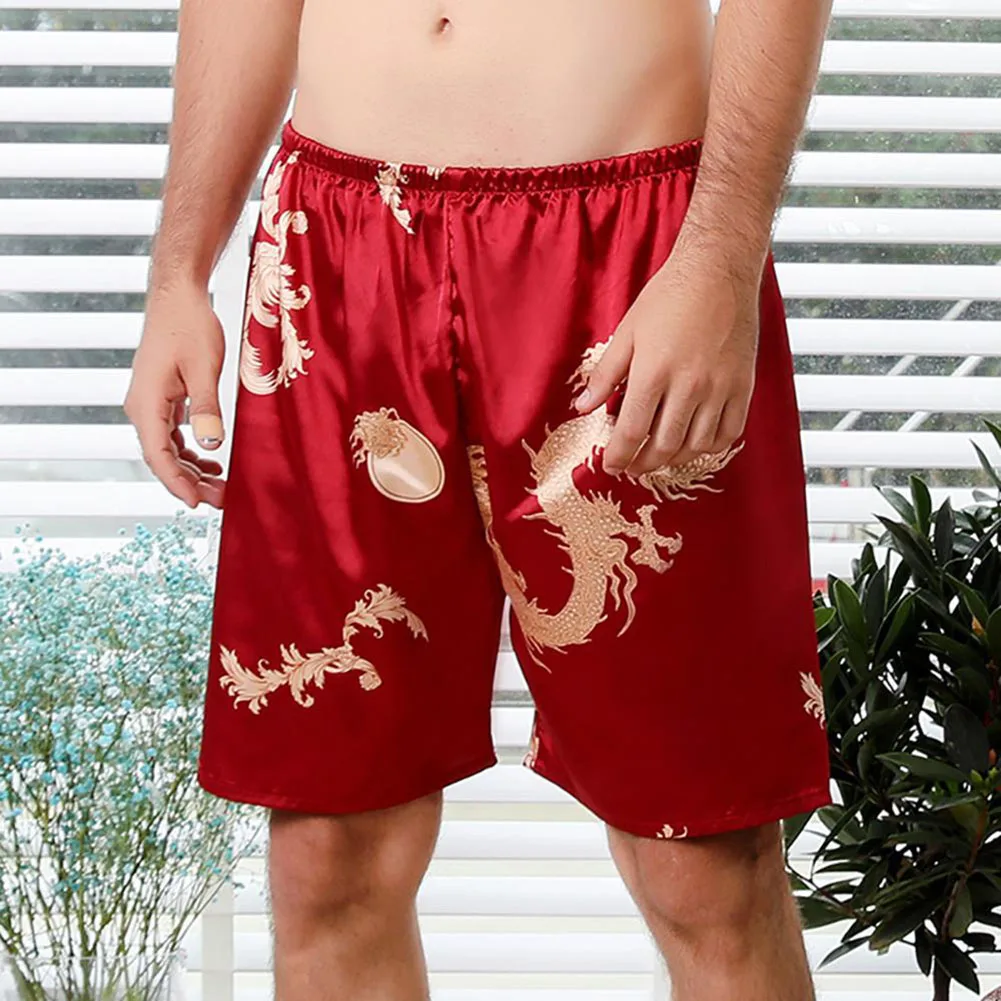 Men Print Sleep Pants Bottoms Shorts Sleepwear Home Ice Silk Satin Pyjama Short Pants Homewear Shorts