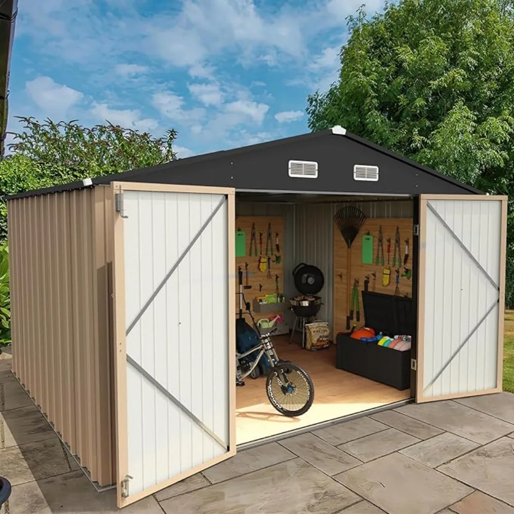 

10X 10 FT Shantytown External Storage Shed Metal Garden Shed with Lockable Door, Outdoor Waterproof Tool Shed