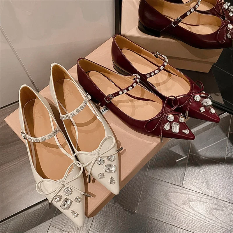 Spring Autumn New  Pointed Toe Women Shoes Buckle Strap Cozy Zapatos Mujer Crystal Luxury Design Fashion Butterfly Knot Low Heel