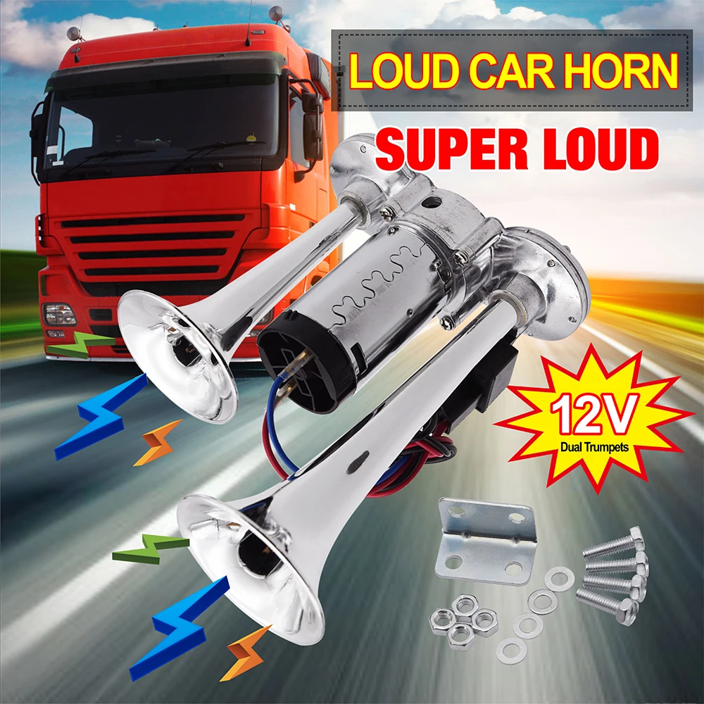 Car Electric Horn 150db Car Electric Loud Horn Dual Trumpets Speaker 12V Super Loud Security Alarm Horn For Car SUV Vehicle Boat