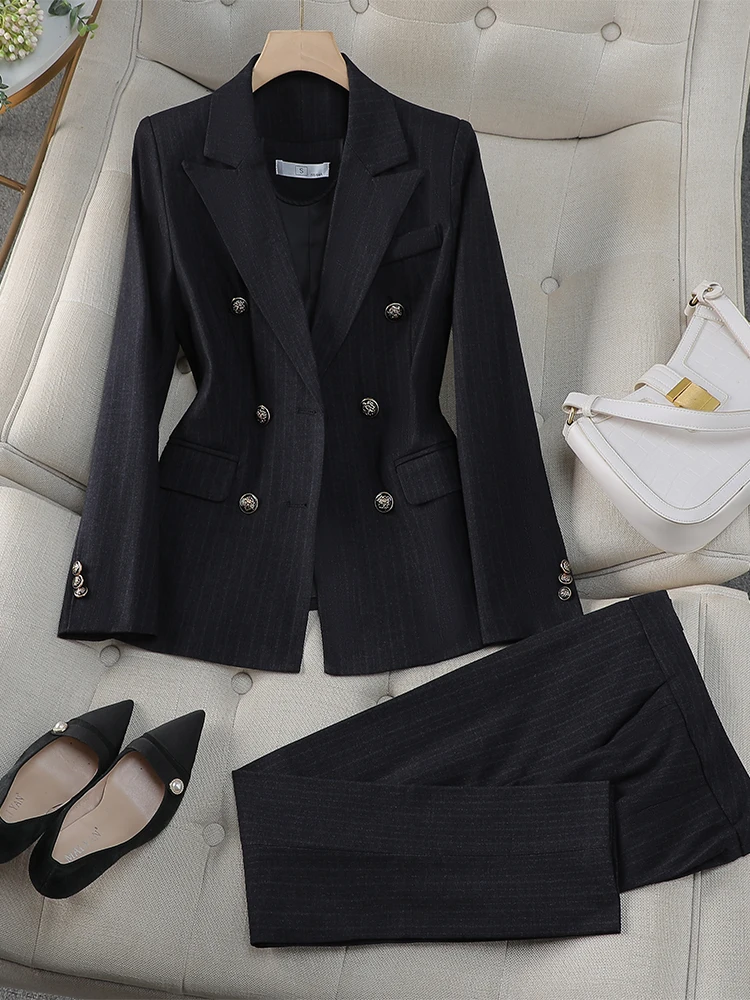 Women Pant Suit Office Ladies Female Business Work Wear 2 Piece Set Black Blue Striped Formal Blazer Jacket And Trouser