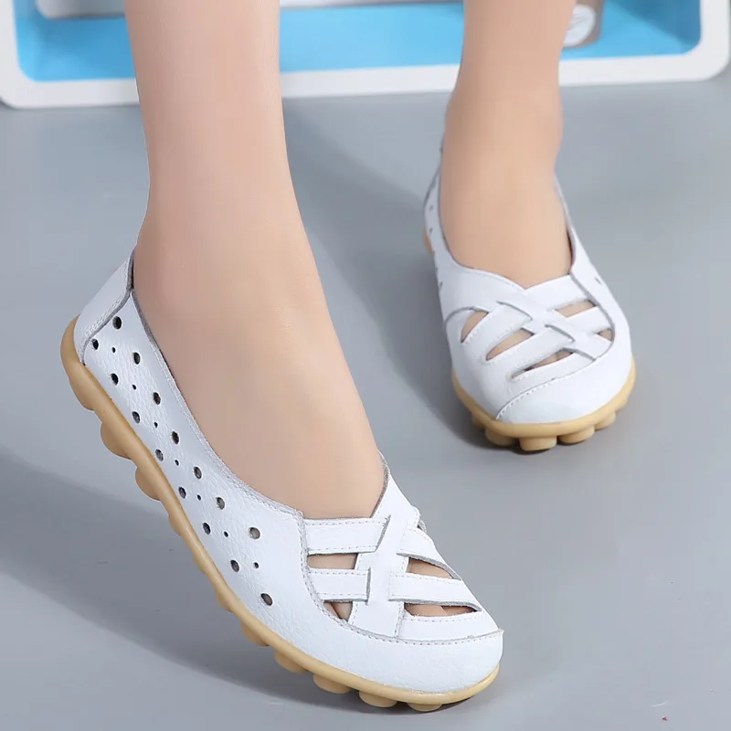 Zapatos planos de verano para Mujer, Zapatos informales, mocasines sin cordones de cuero, mocasines transpirables con recortes antideslizantes para Mujer