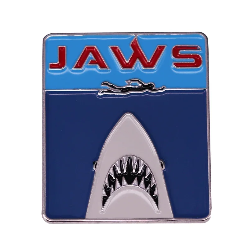 Jaws Enamel Pin Swimming Over Shark Mouth Badge Steven Spielberg\'s Classic Horror Movie Brooches