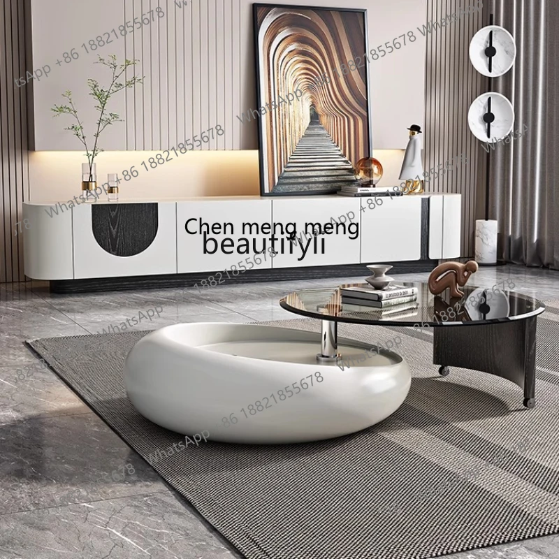 

Rotating Cream Style Tea Table Living Room Light Luxury round Tempered Glass Tea Table Combination